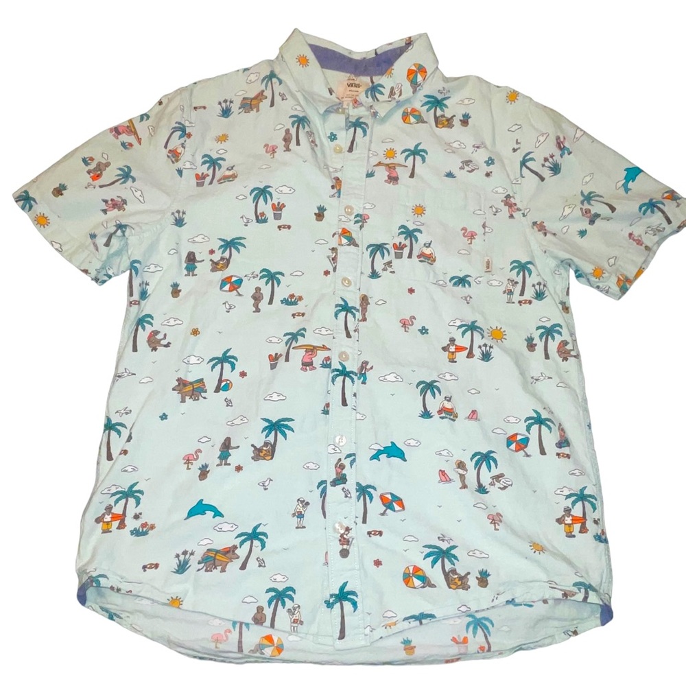 Men’s Vans Casual Button Down Shirt Tropical Beach Cartoon Print Vintage Medium